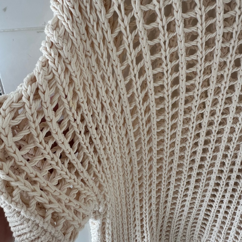 Zenana Cream 💯 Cotton Open Knit Crochet Short Sleeve Sweater - Picture 5 of 5